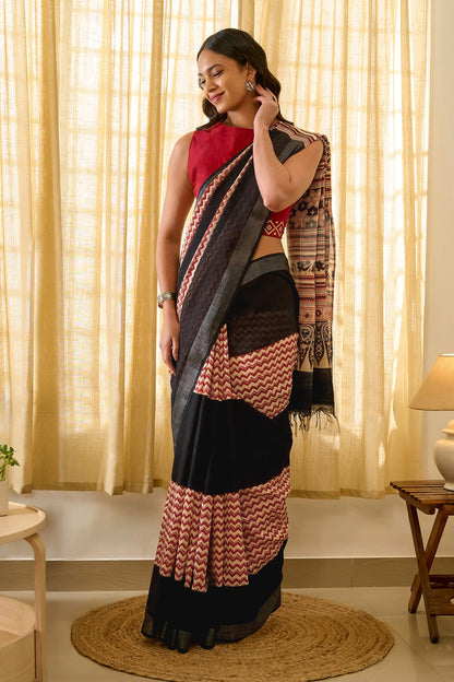 Teejh Ismira Black and Red Hand Blockprint Saree