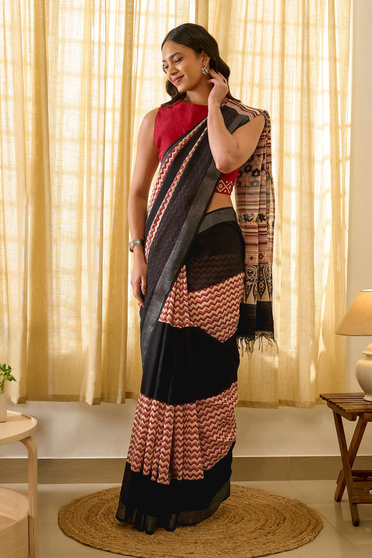 Teejh Ismira Black and Red Hand Blockprint Saree