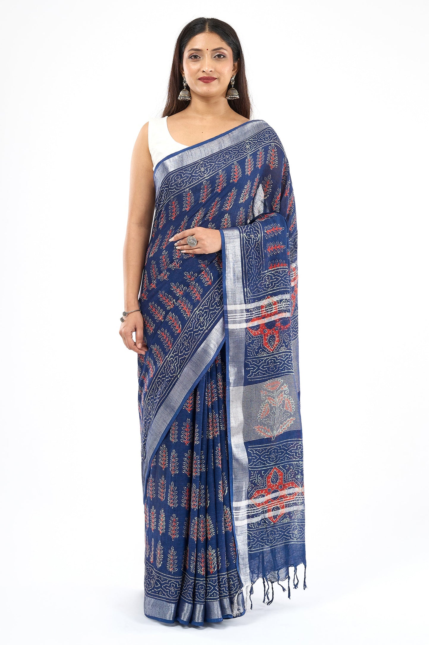 Teejh Kritaali Indigo & Red Hand Blockprint Saree