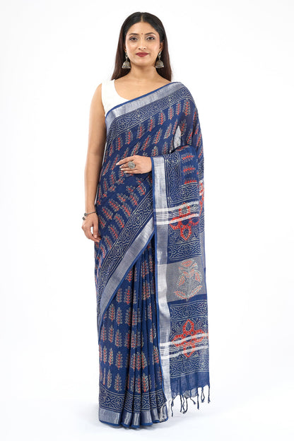 Teejh Kritaali Indigo & Red Hand Blockprint Saree