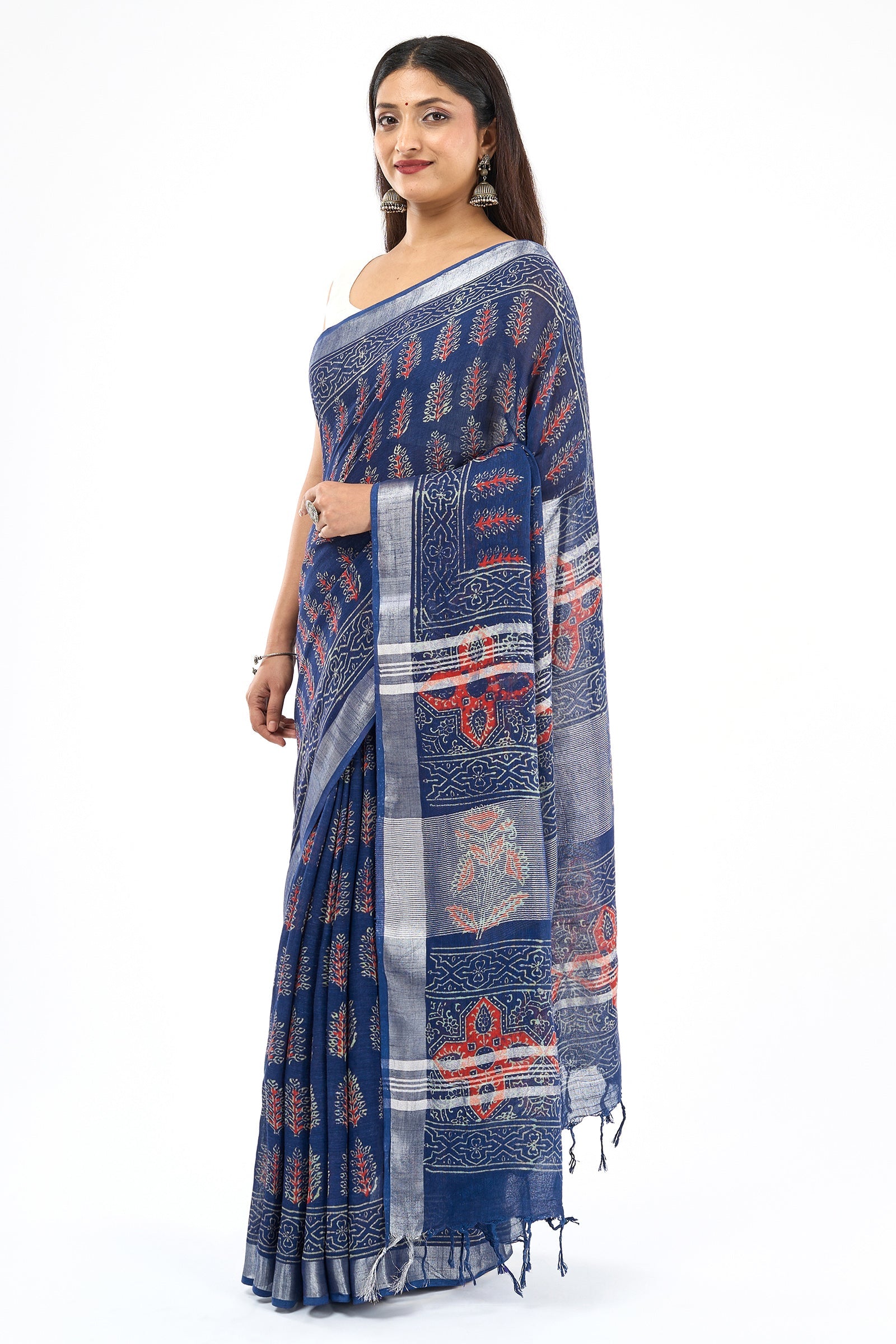 Teejh Kritaali Indigo & Red Hand Blockprint Saree