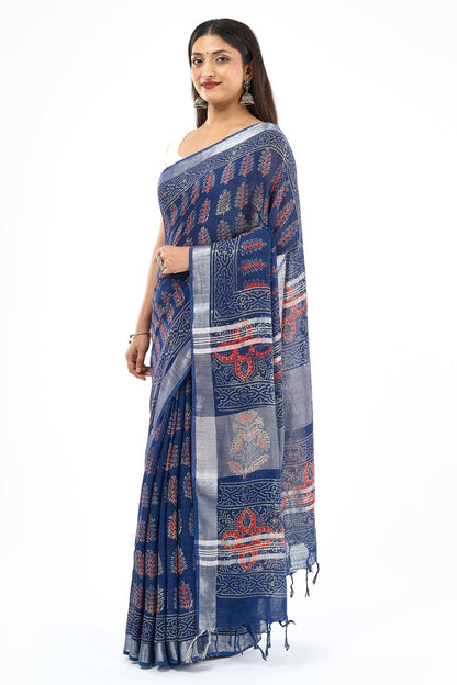 Teejh Kritaali Indigo & Red Hand Blockprint Saree