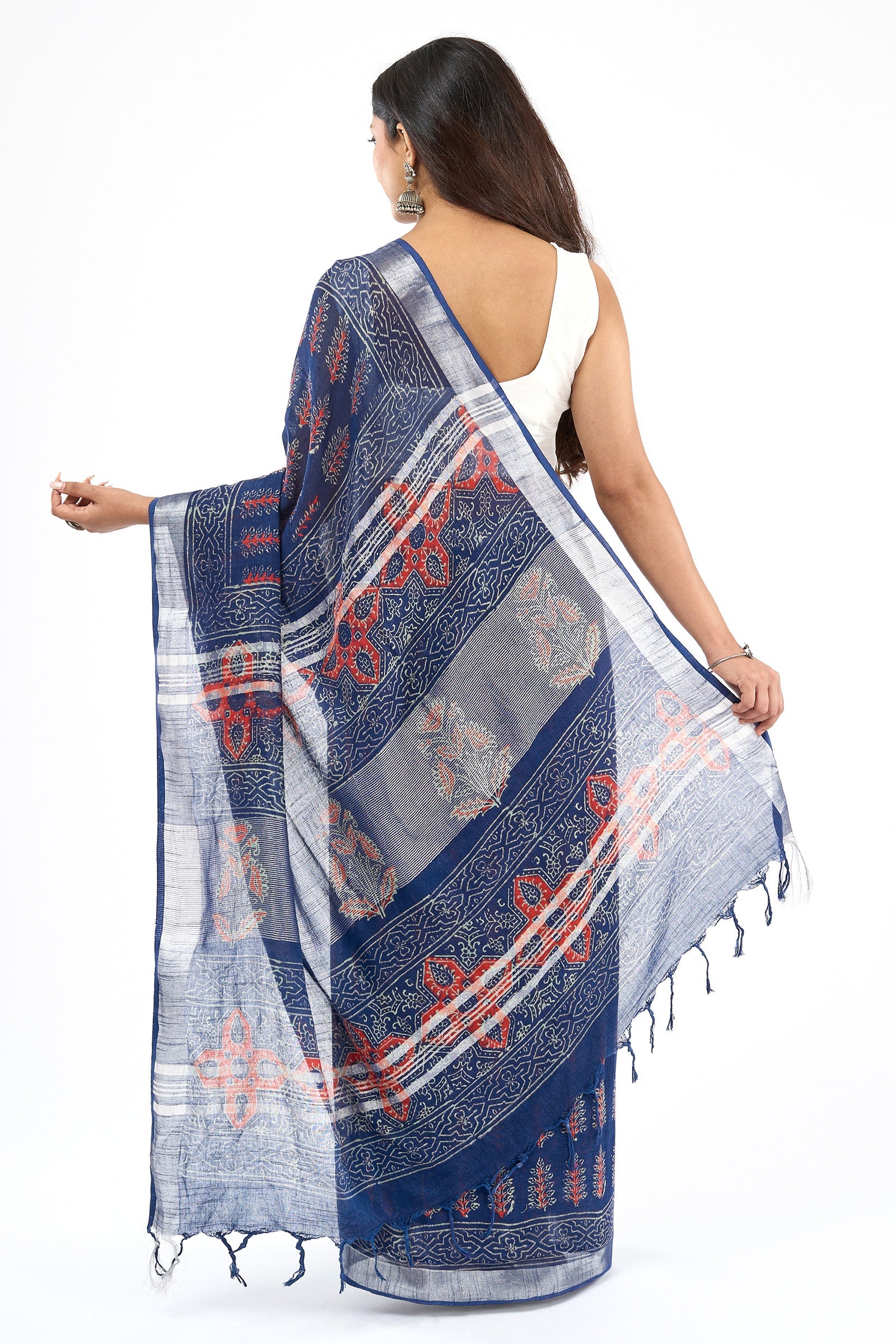 Teejh Kritaali Indigo & Red Hand Blockprint Saree