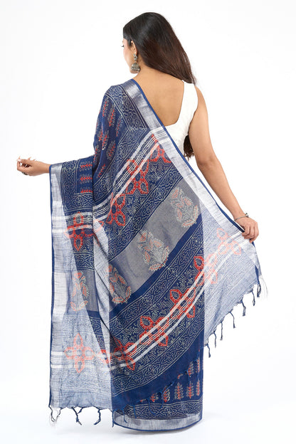 Teejh Kritaali Indigo & Red Hand Blockprint Saree