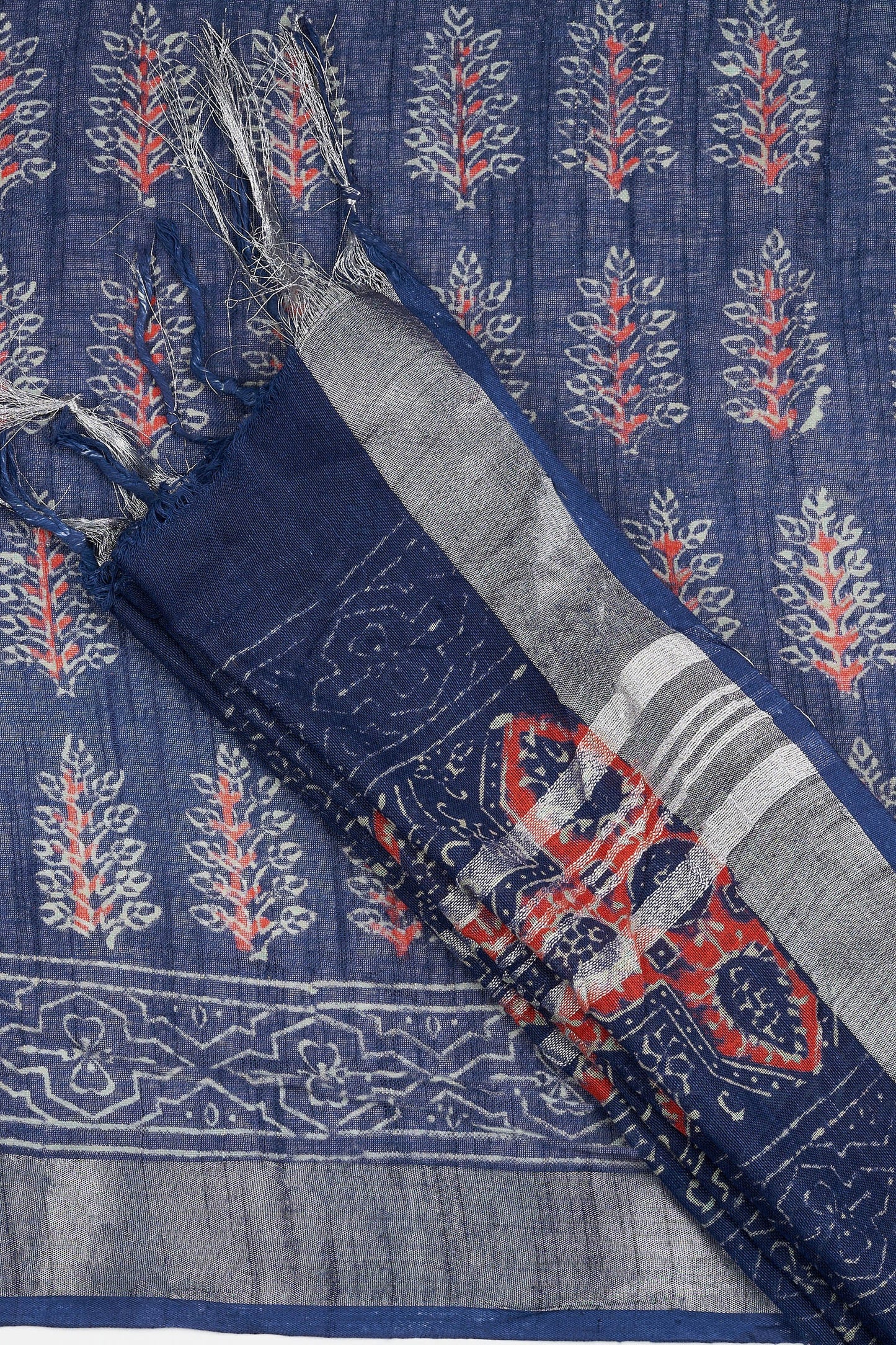 Teejh Kritaali Indigo & Red Hand Blockprint Saree