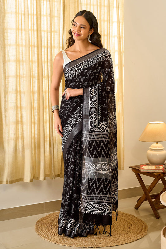 Teejh Kotisha Black Hand Blockprint Saree