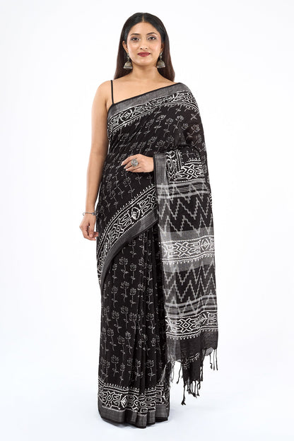 Teejh Kotisha Black Hand Blockprint Saree