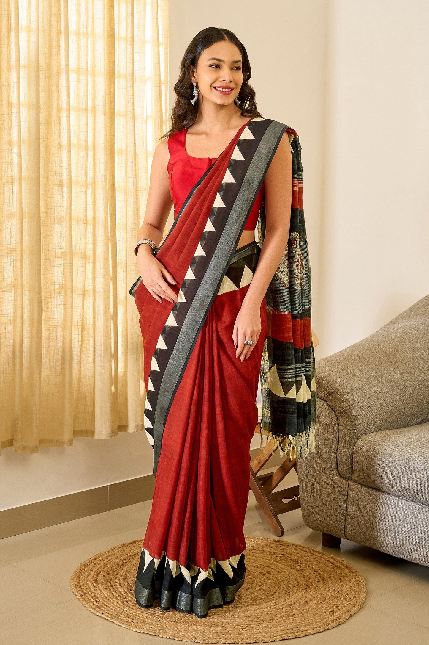 Teejh Suktari Red & Black Hand Blockprint Saree