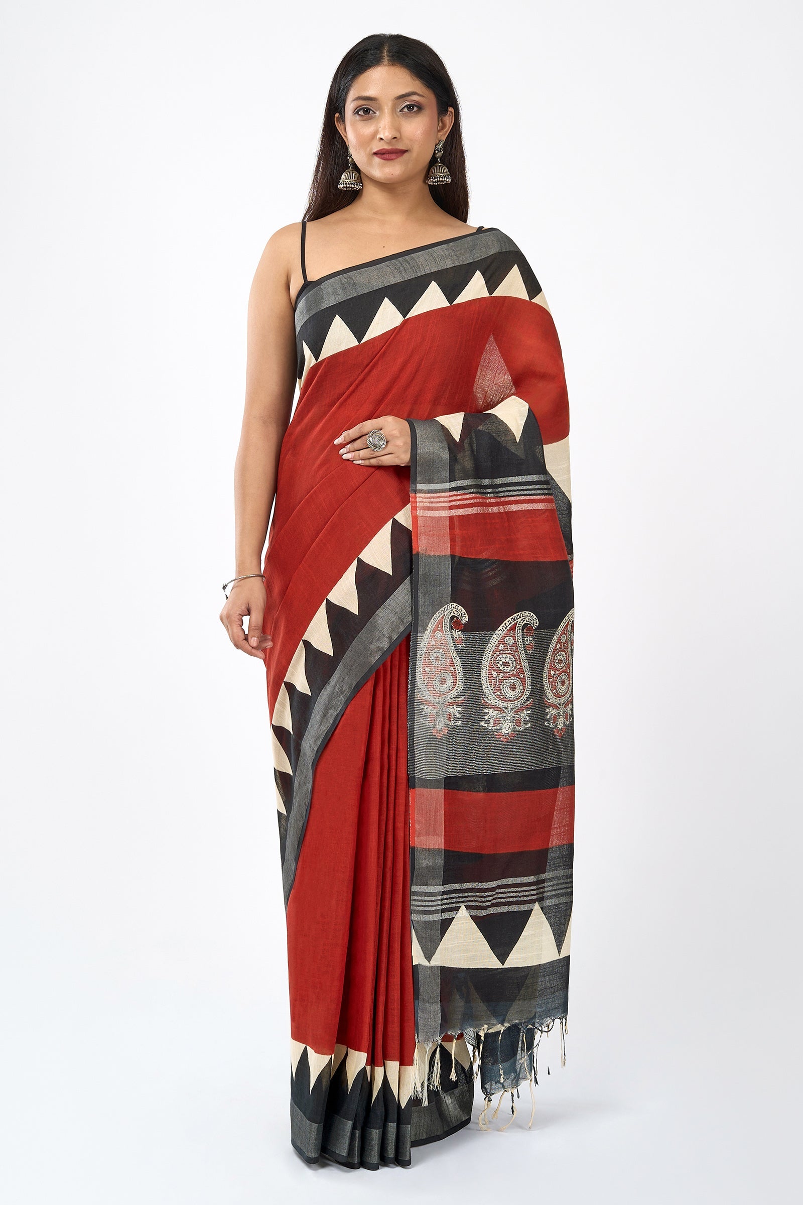 Teejh Suktari Red & Black Hand Blockprint Saree