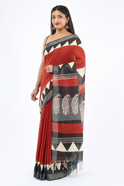 Teejh Suktari Red & Black Hand Blockprint Saree