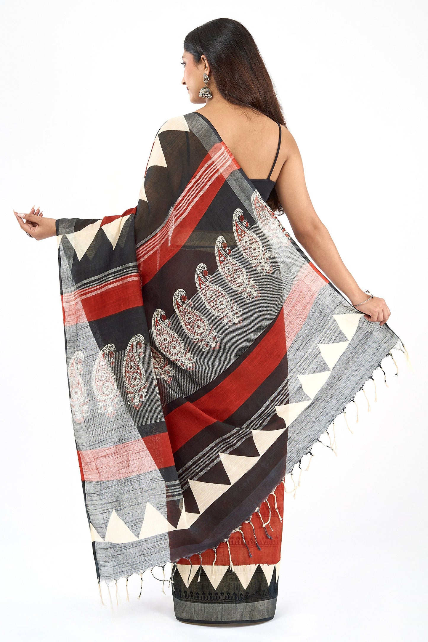 Teejh Suktari Red & Black Hand Blockprint Saree