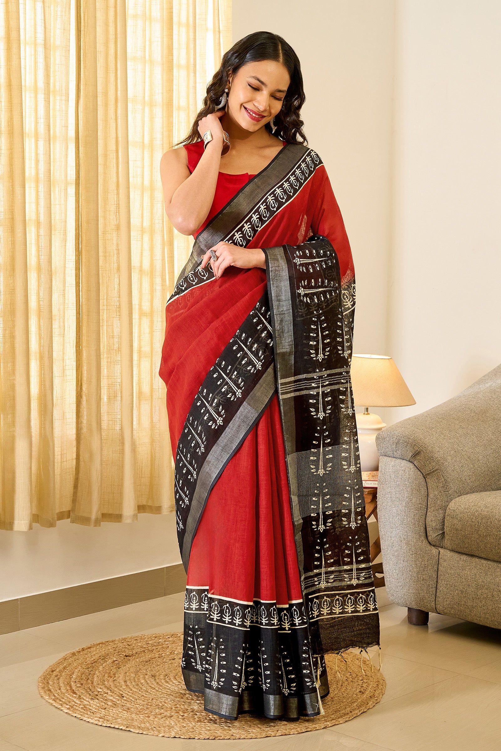Teejh Tishari Black & Red Hand Blockprint Saree