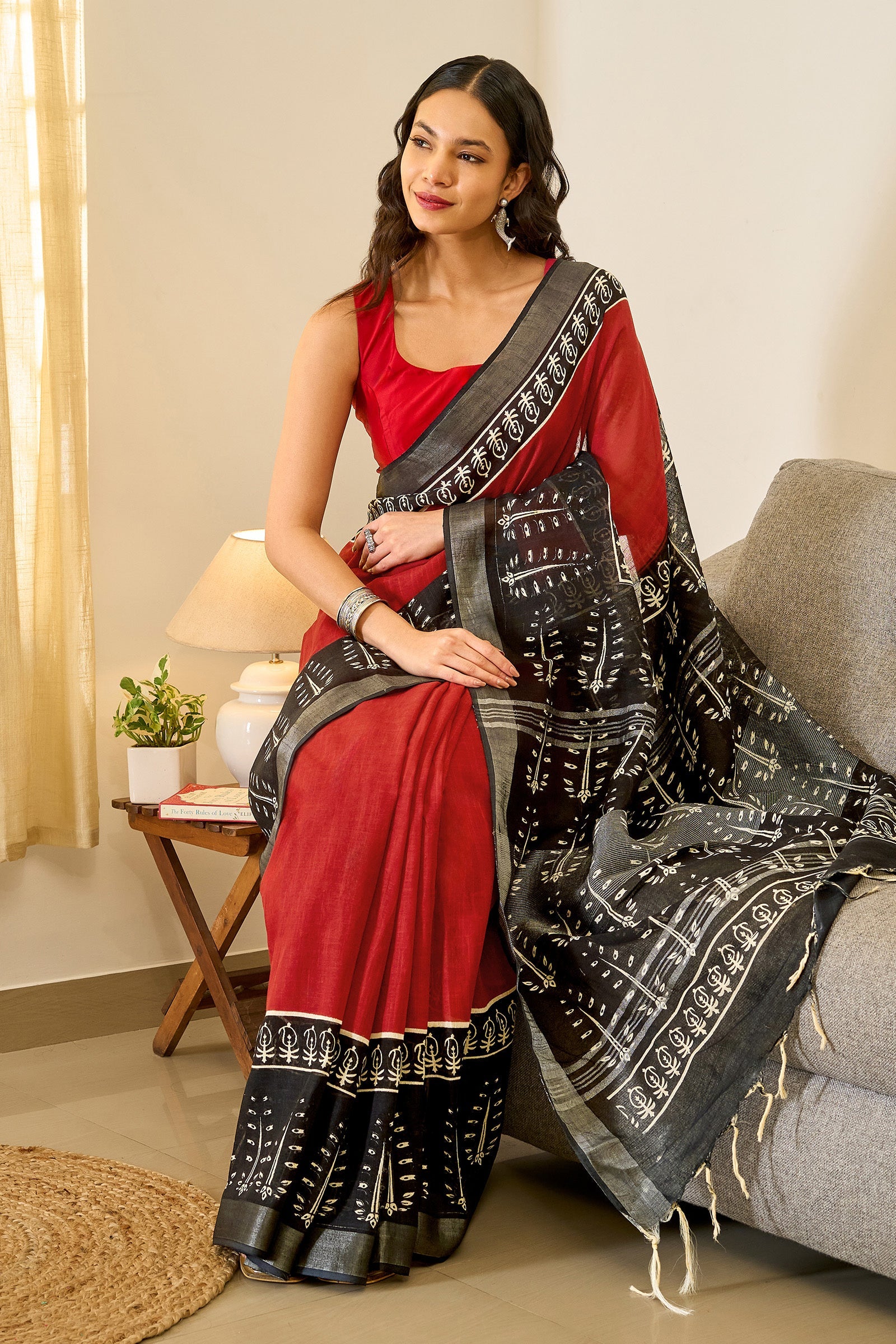 Teejh Tishari Black & Red Hand Blockprint Saree