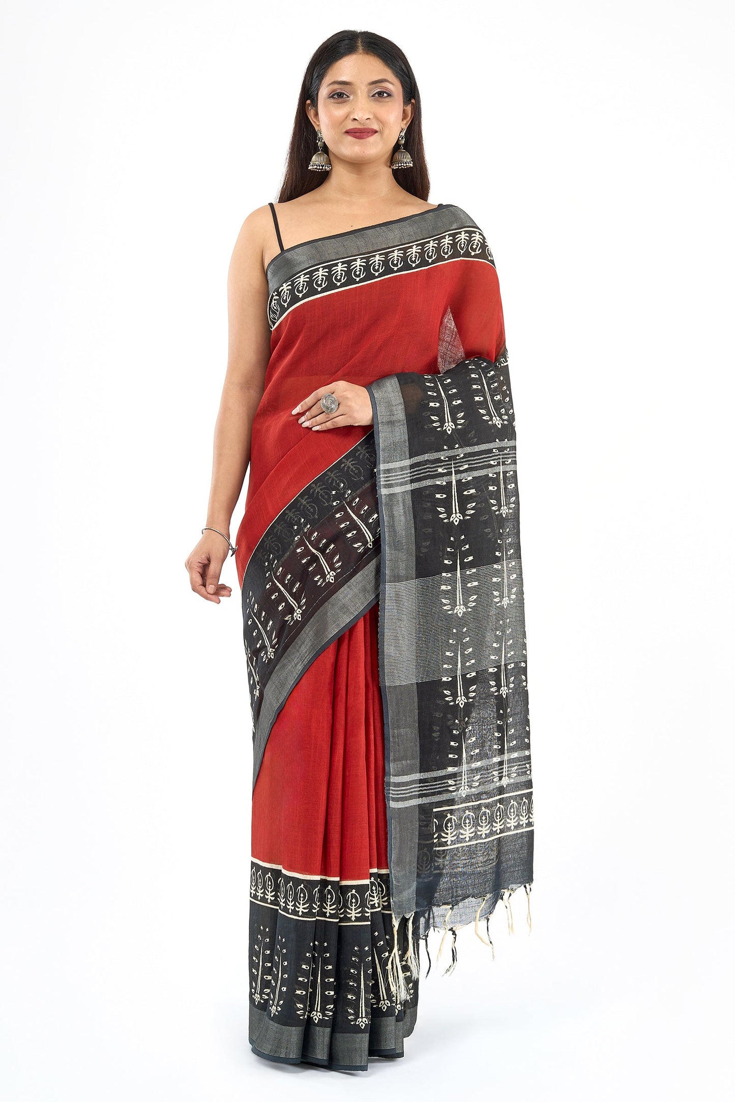 Teejh Tishari Black & Red Hand Blockprint Saree