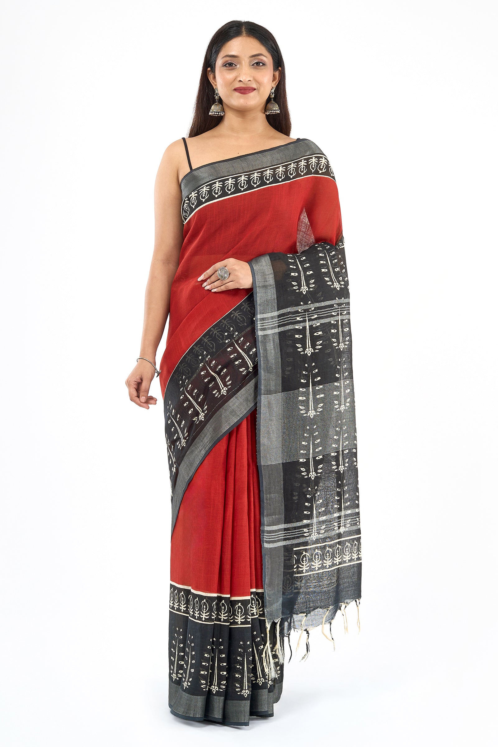 Teejh Tishari Black & Red Hand Blockprint Saree