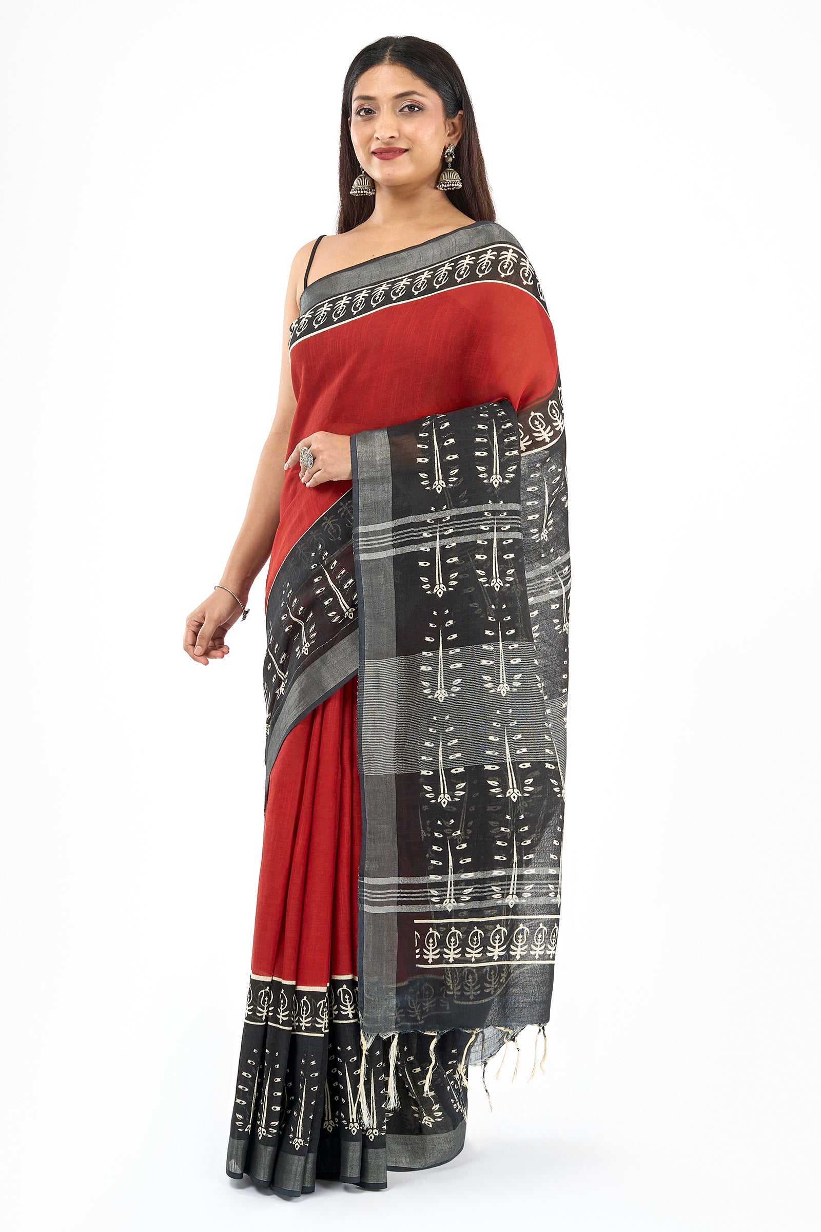 Teejh Tishari Black & Red Hand Blockprint Saree