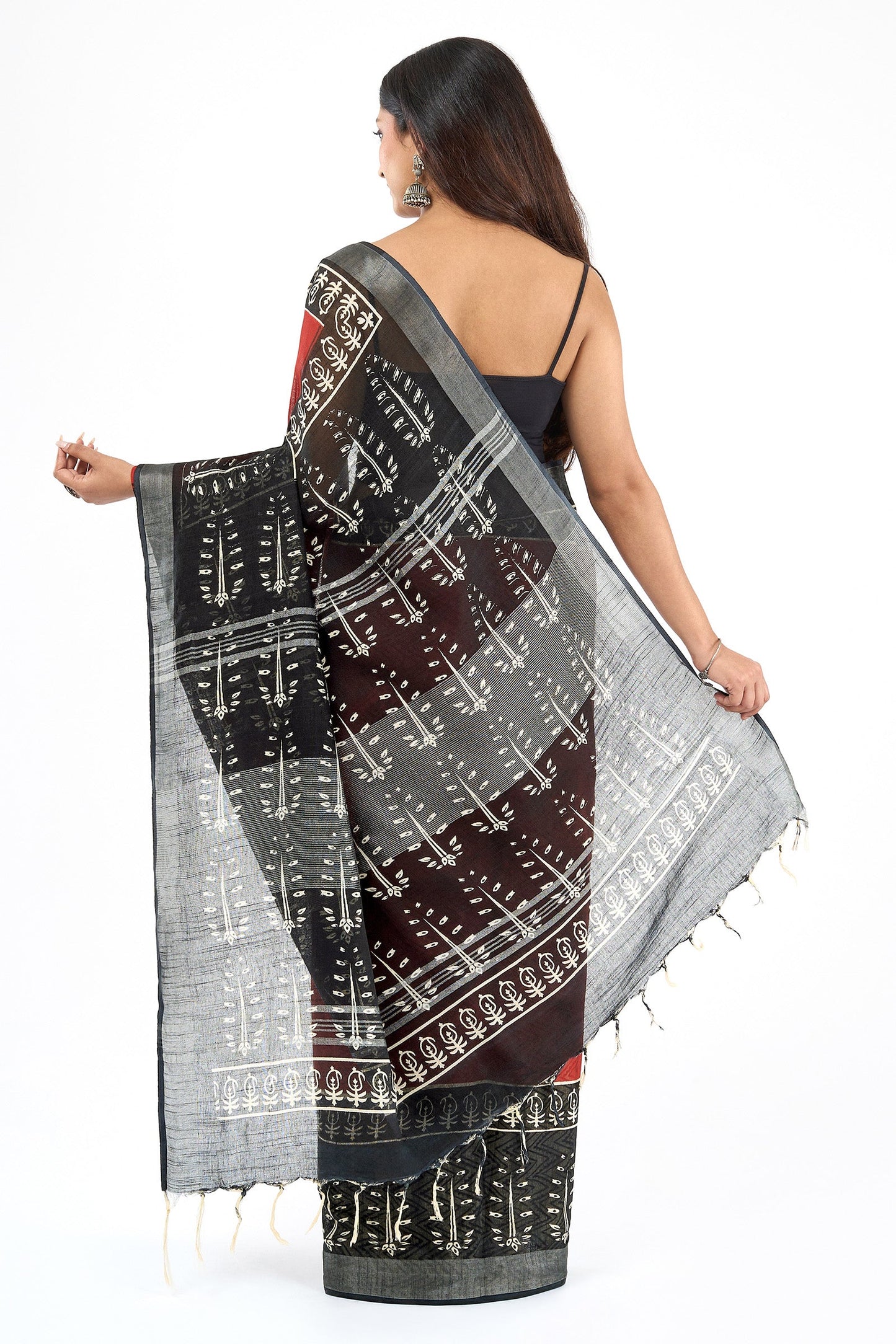 Teejh Tishari Black & Red Hand Blockprint Saree