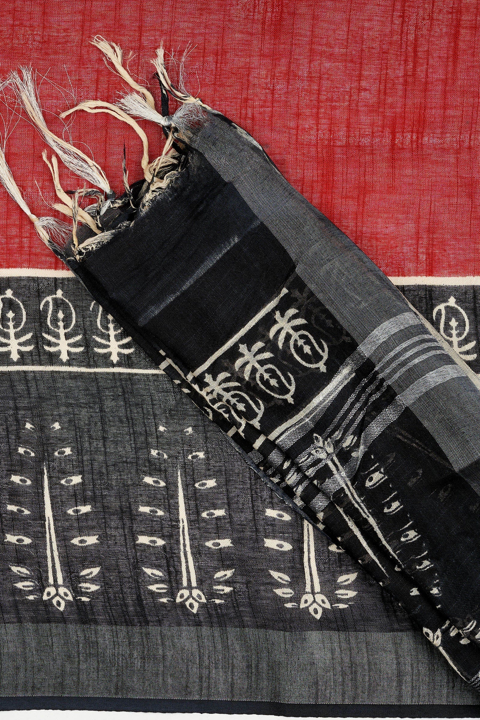 Teejh Tishari Black & Red Hand Blockprint Saree