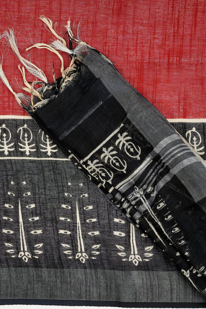 Teejh Tishari Black & Red Hand Blockprint Saree