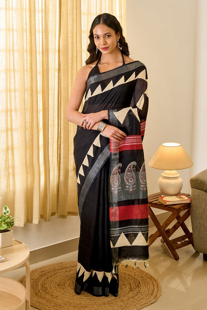 Teejh Vedrani Black & Red Hand Blockprint Saree