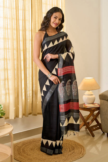 Teejh Vedrani Black & Red Hand Blockprint Saree