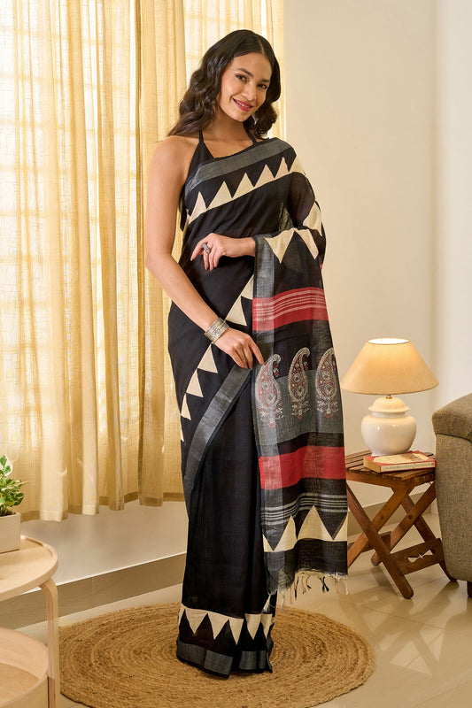 Teejh Vedrani Black & Red Hand Blockprint Saree