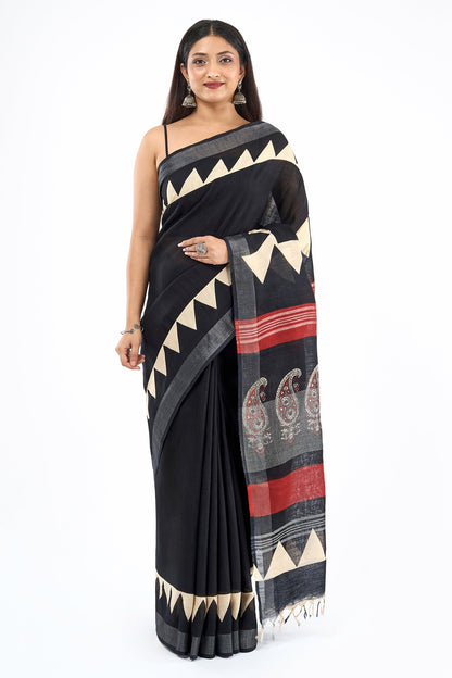 Teejh Vedrani Black & Red Hand Blockprint Saree