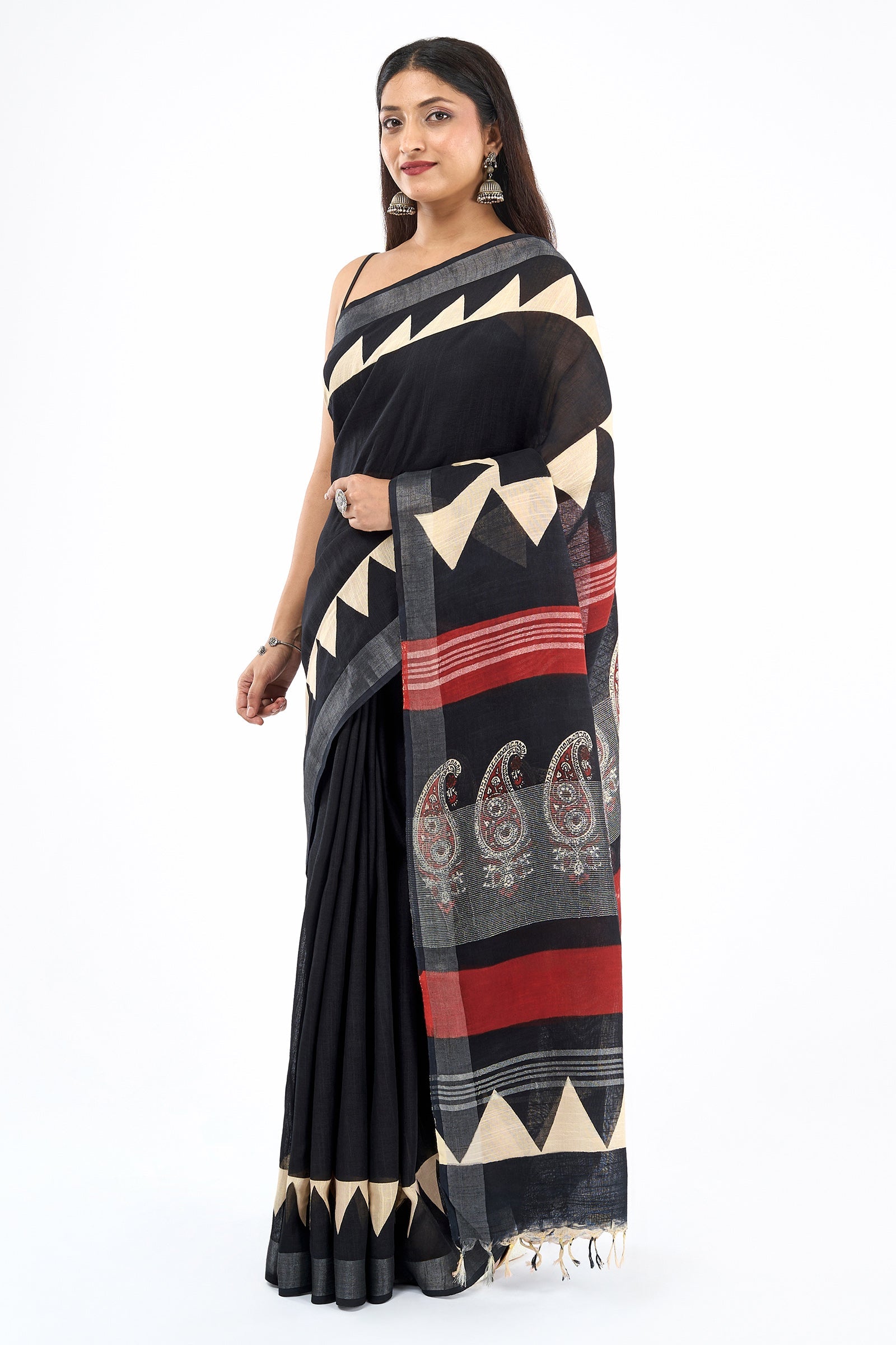 Teejh Vedrani Black & Red Hand Blockprint Saree