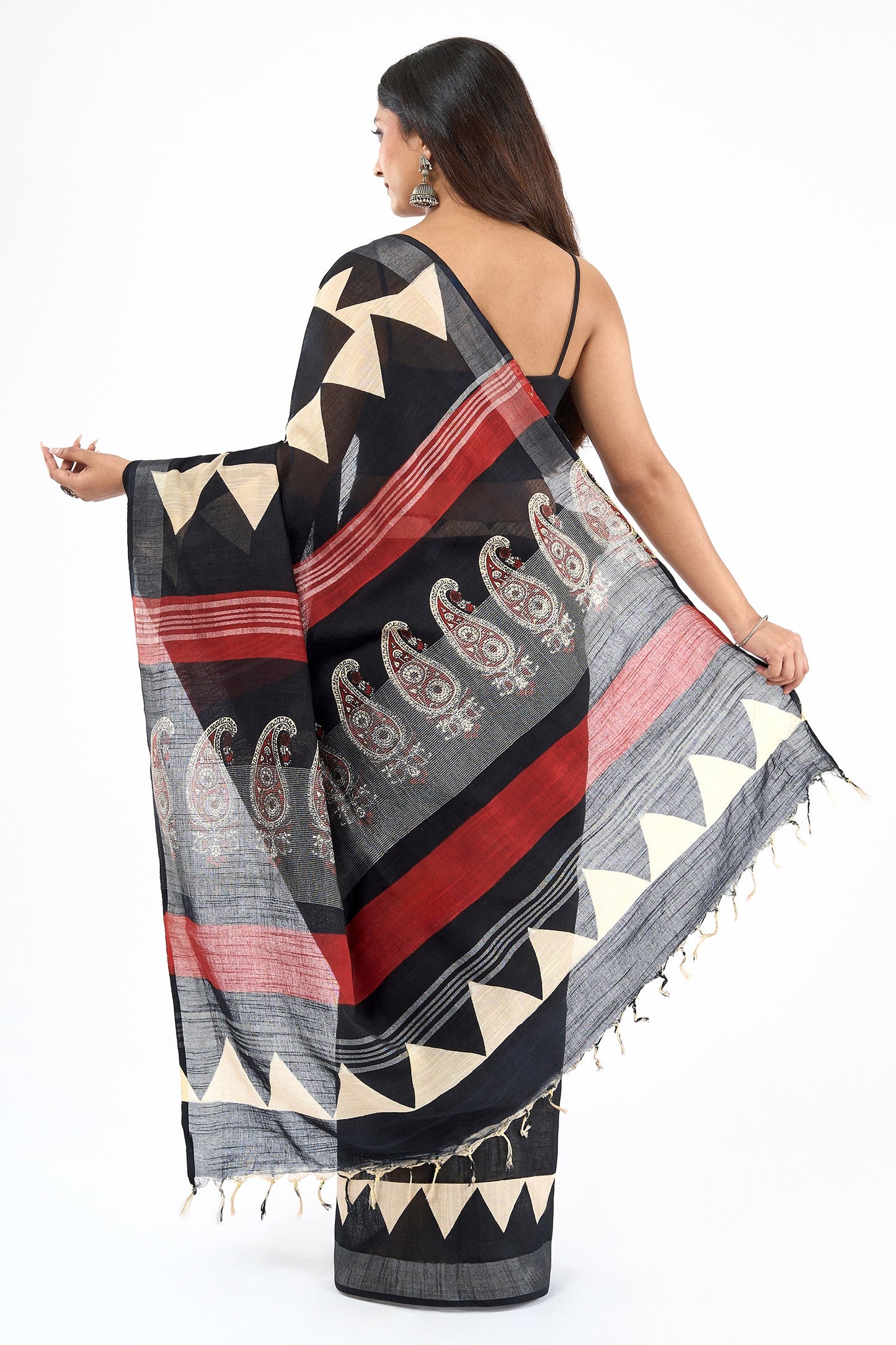 Teejh Vedrani Black & Red Hand Blockprint Saree