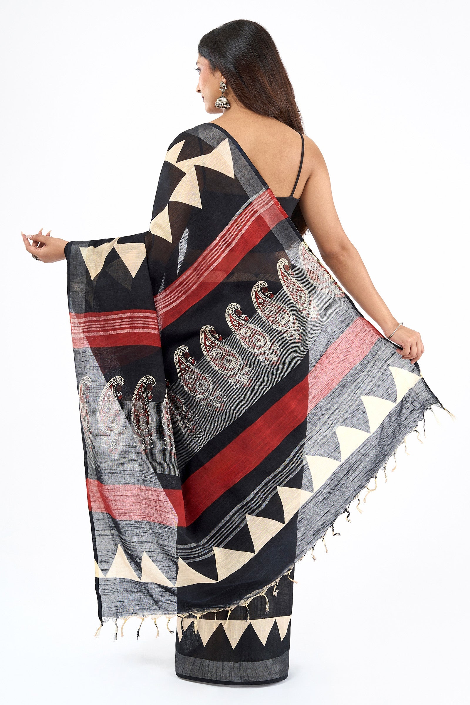 Teejh Vedrani Black & Red Hand Blockprint Saree