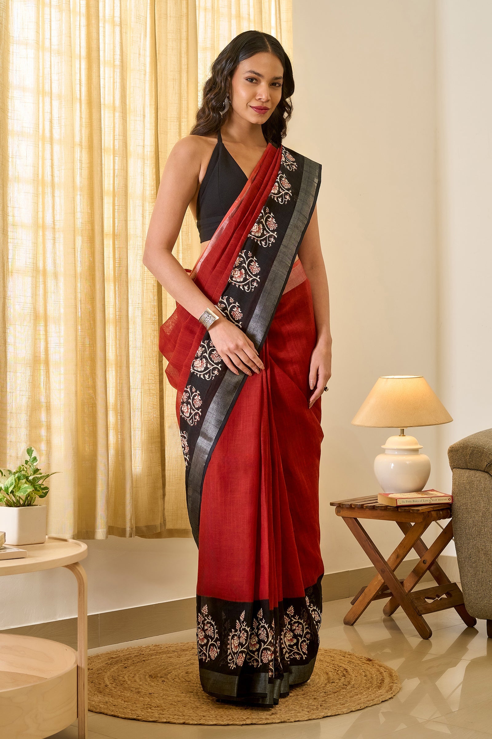 Teejh Saanviki Black & Red Hand Blockprint Saree