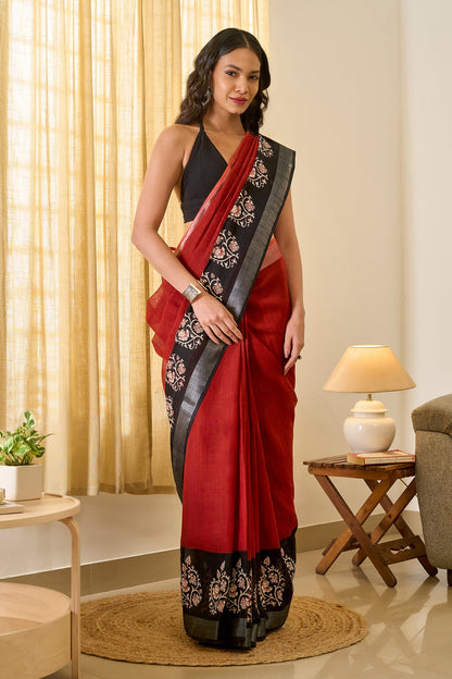Teejh Saanviki Black & Red Hand Blockprint Saree
