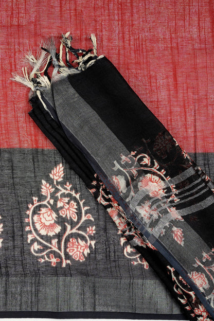 Teejh Saanviki Black & Red Hand Blockprint Saree