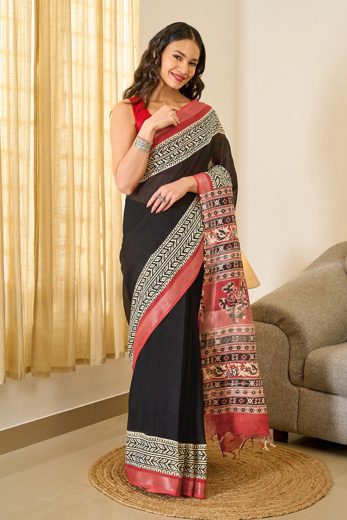 Teejh Aruvya Black & Red Hand Blockprint Saree