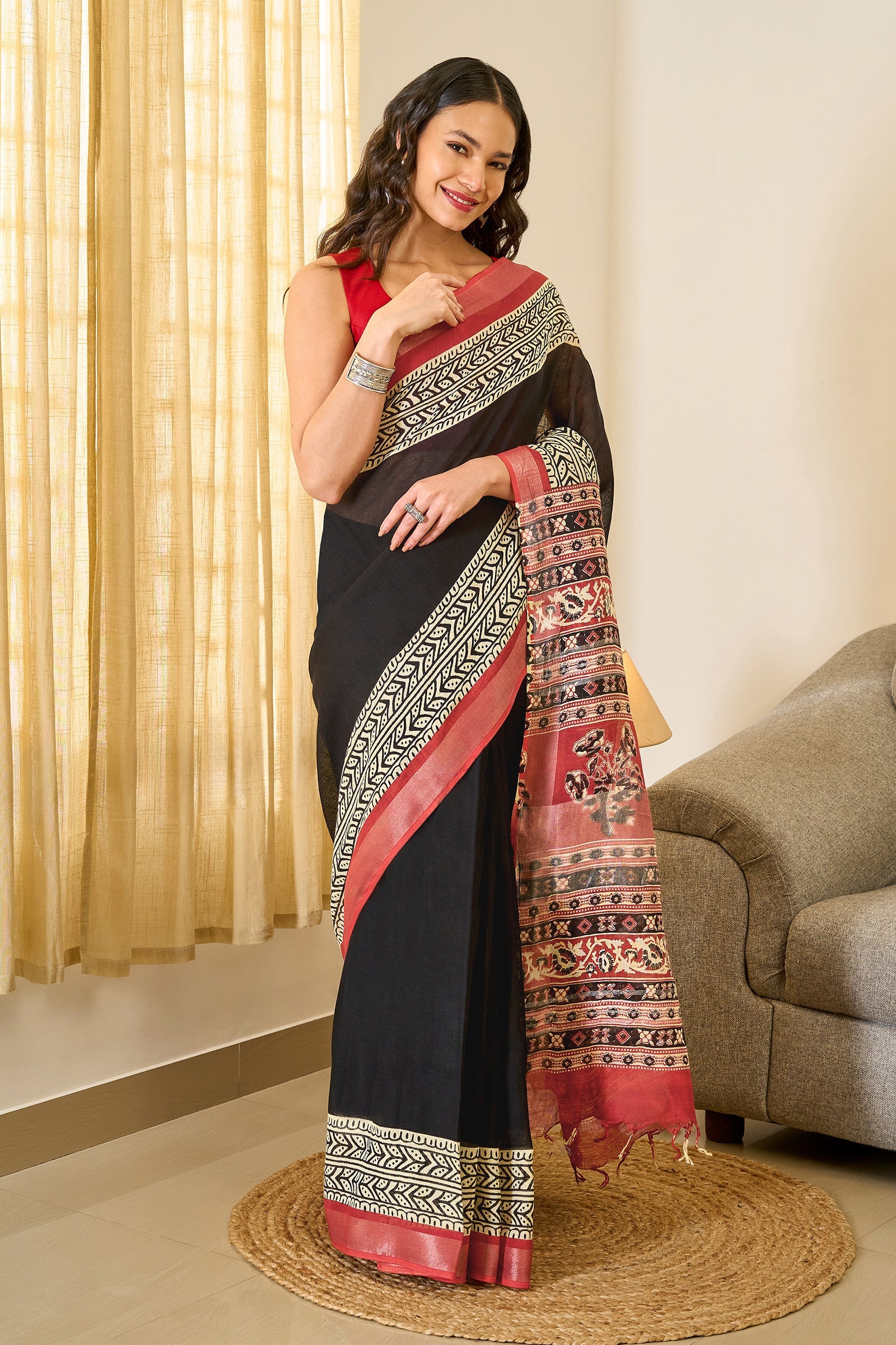 Teejh Aruvya Black & Red Hand Blockprint Saree