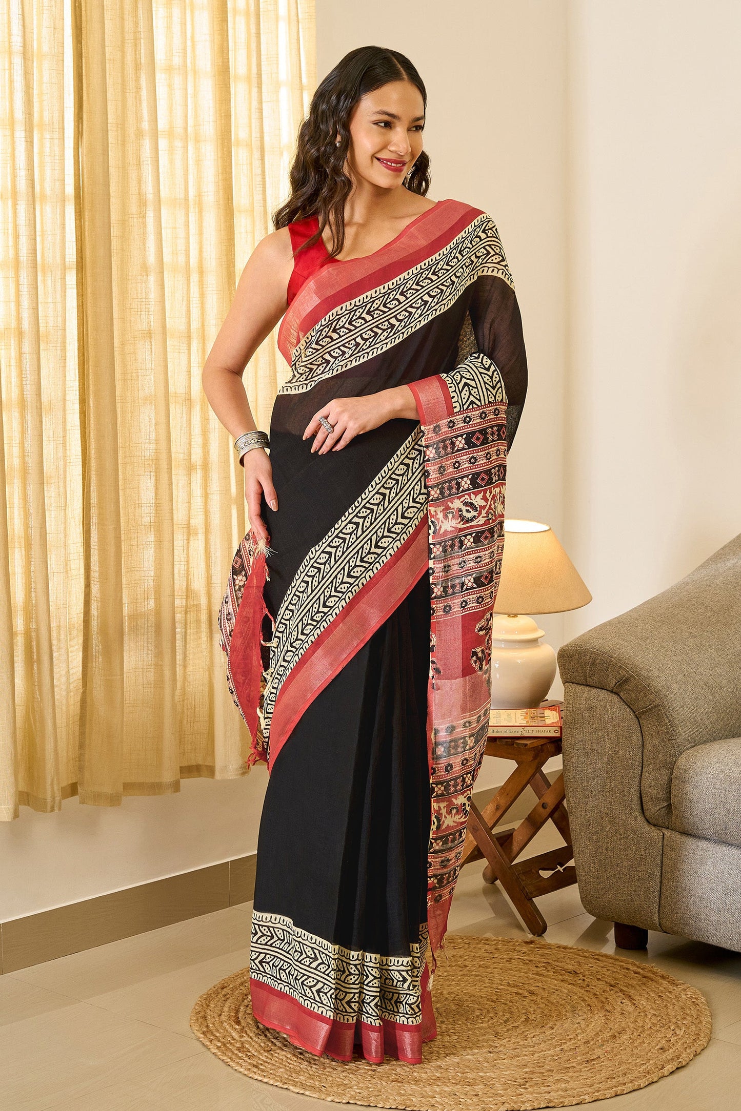 Teejh Aruvya Black & Red Hand Blockprint Saree
