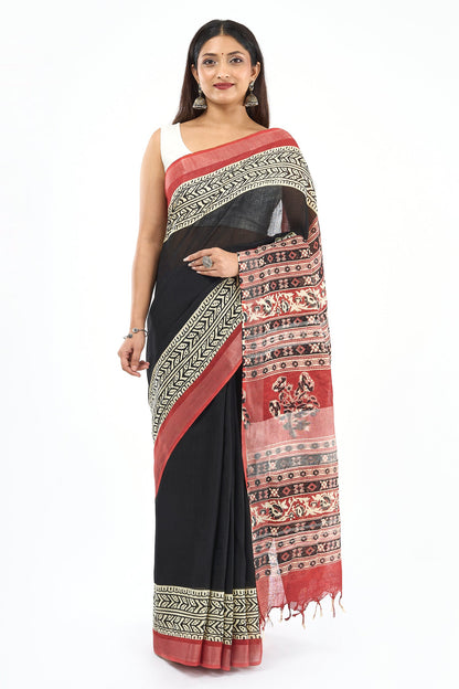 Teejh Aruvya Black & Red Hand Blockprint Saree
