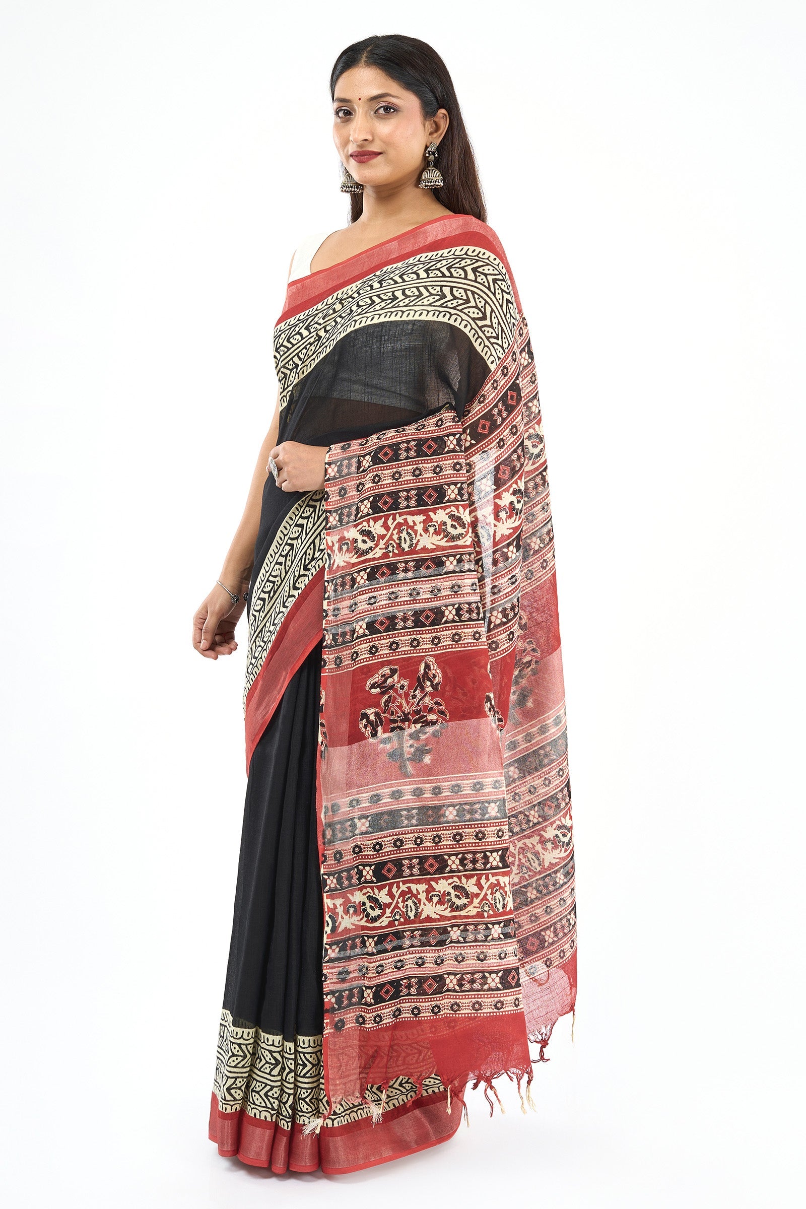 Teejh Aruvya Black & Red Hand Blockprint Saree