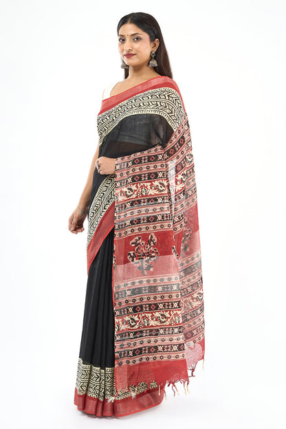 Teejh Aruvya Black & Red Hand Blockprint Saree