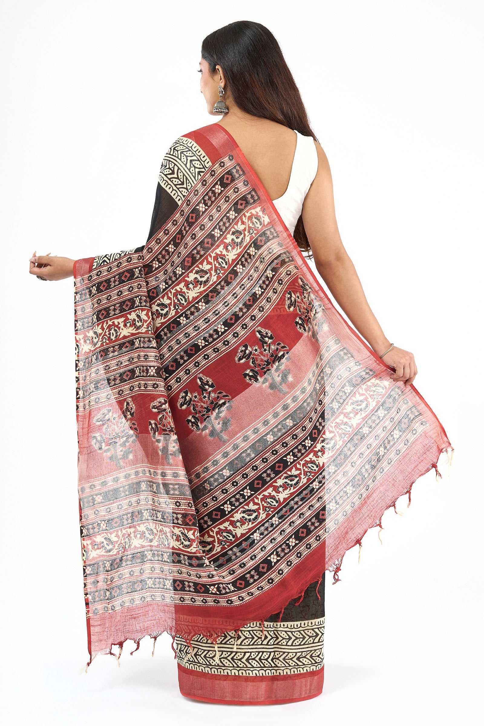 Teejh Aruvya Black & Red Hand Blockprint Saree