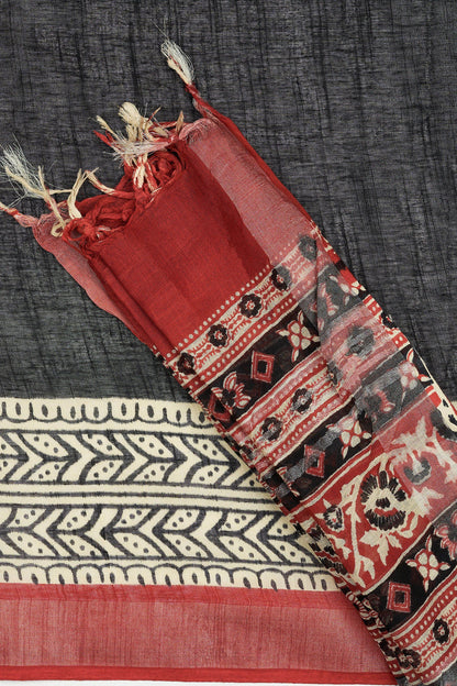 Teejh Aruvya Black & Red Hand Blockprint Saree