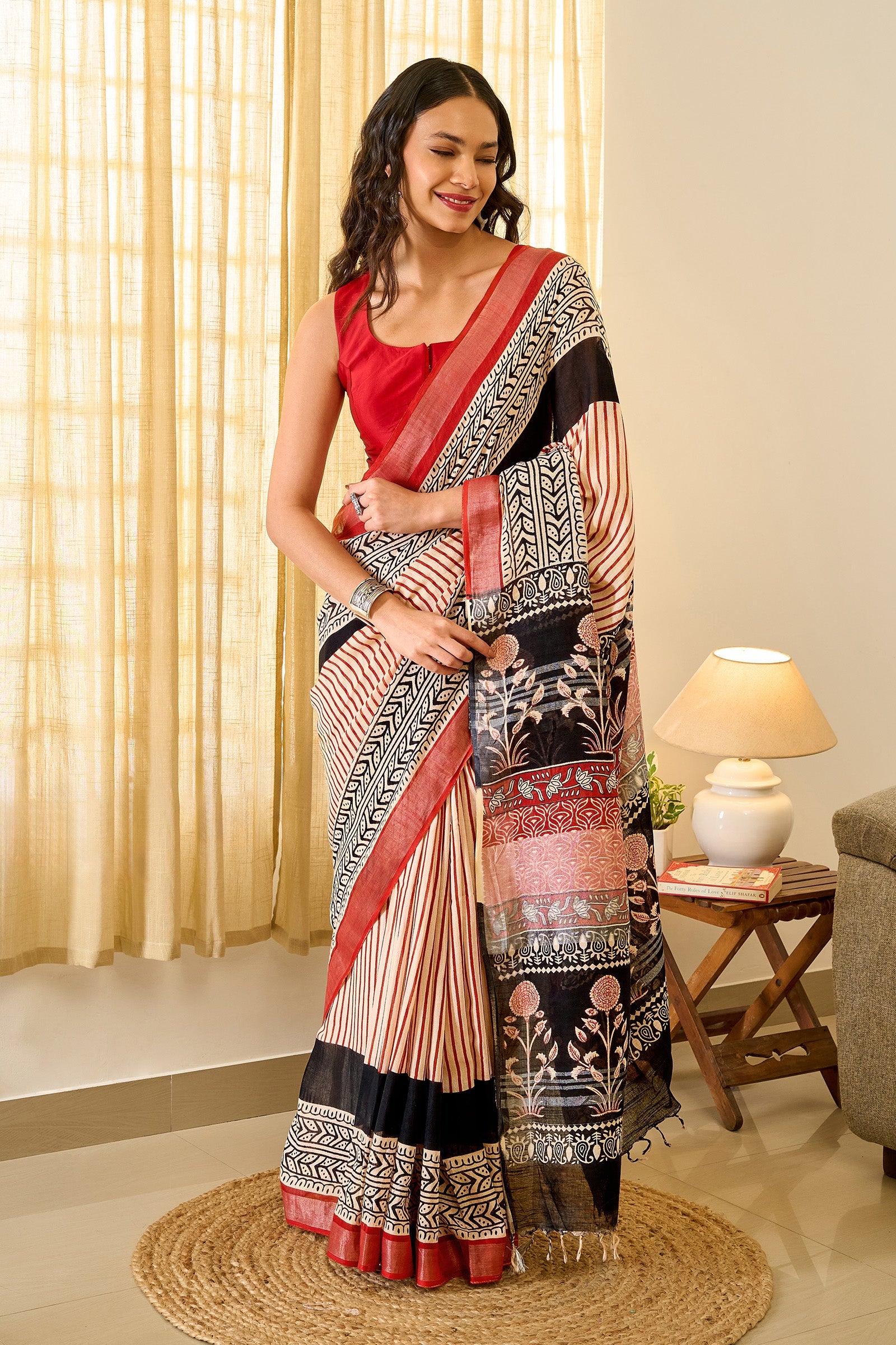 Teejh Maahira Red & Black Hand Blockprint Saree