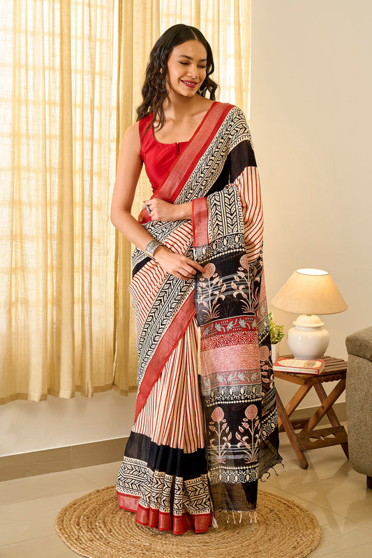 Teejh Maahira Red & Black Hand Blockprint Saree