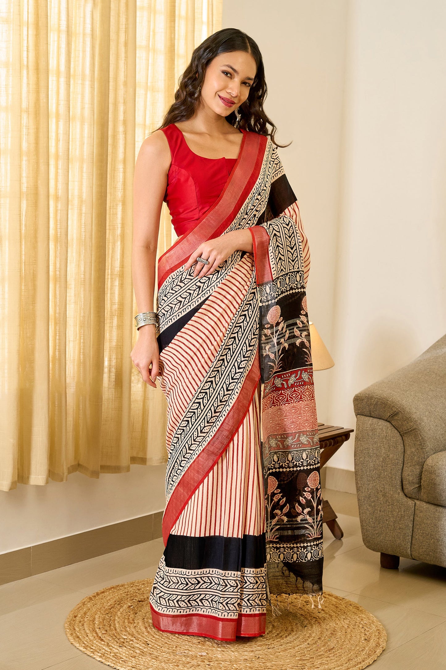 Teejh Maahira Red & Black Hand Blockprint Saree
