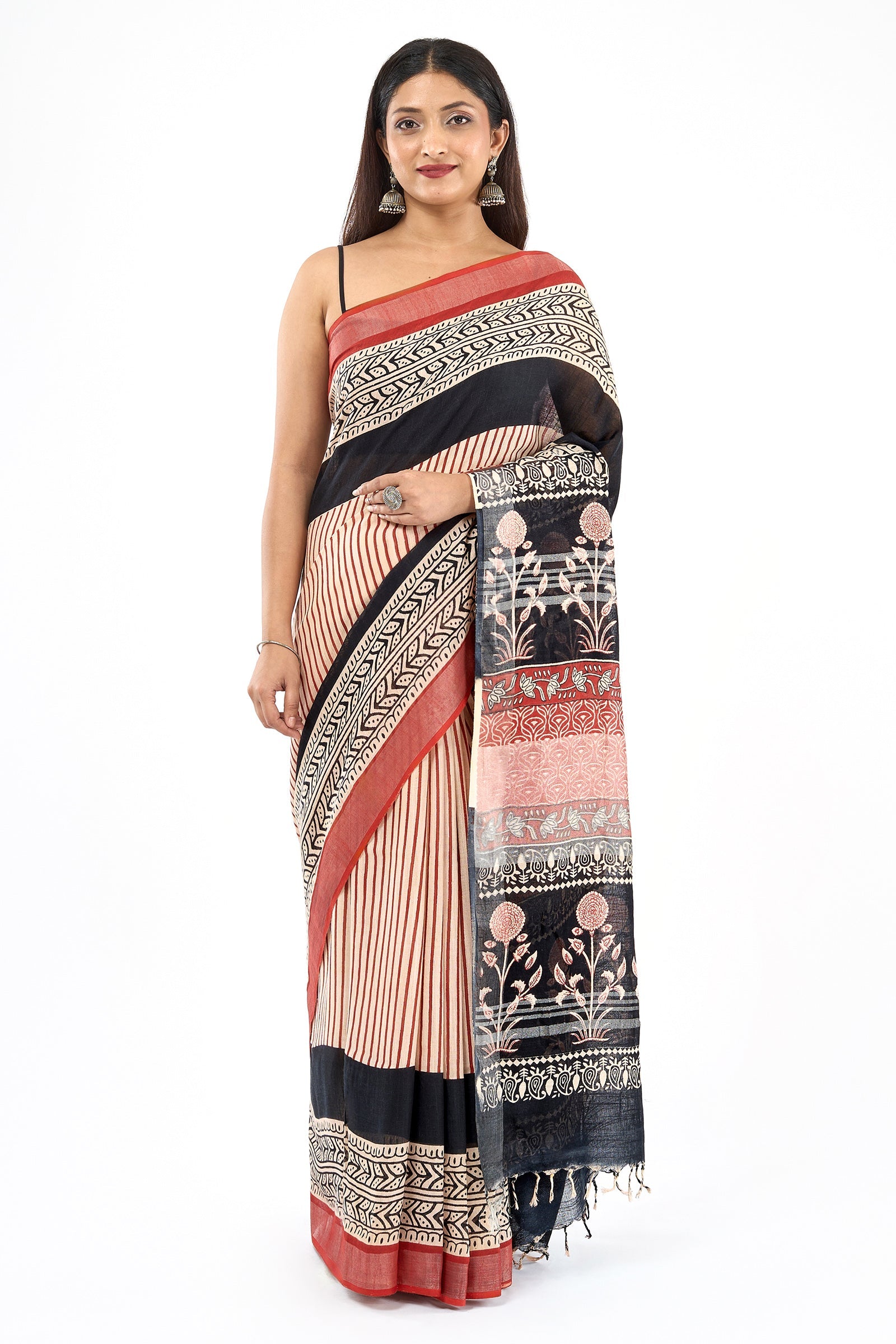 Teejh Maahira Red & Black Hand Blockprint Saree