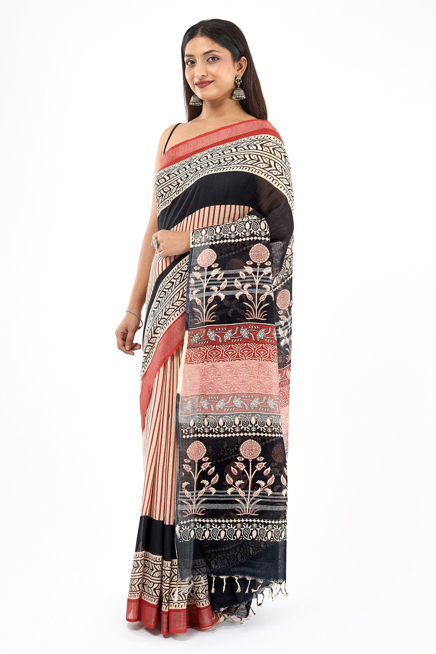 Teejh Maahira Red & Black Hand Blockprint Saree