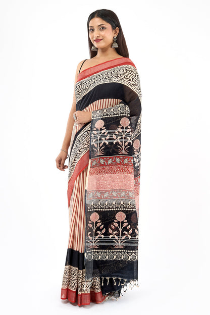 Teejh Maahira Red & Black Hand Blockprint Saree