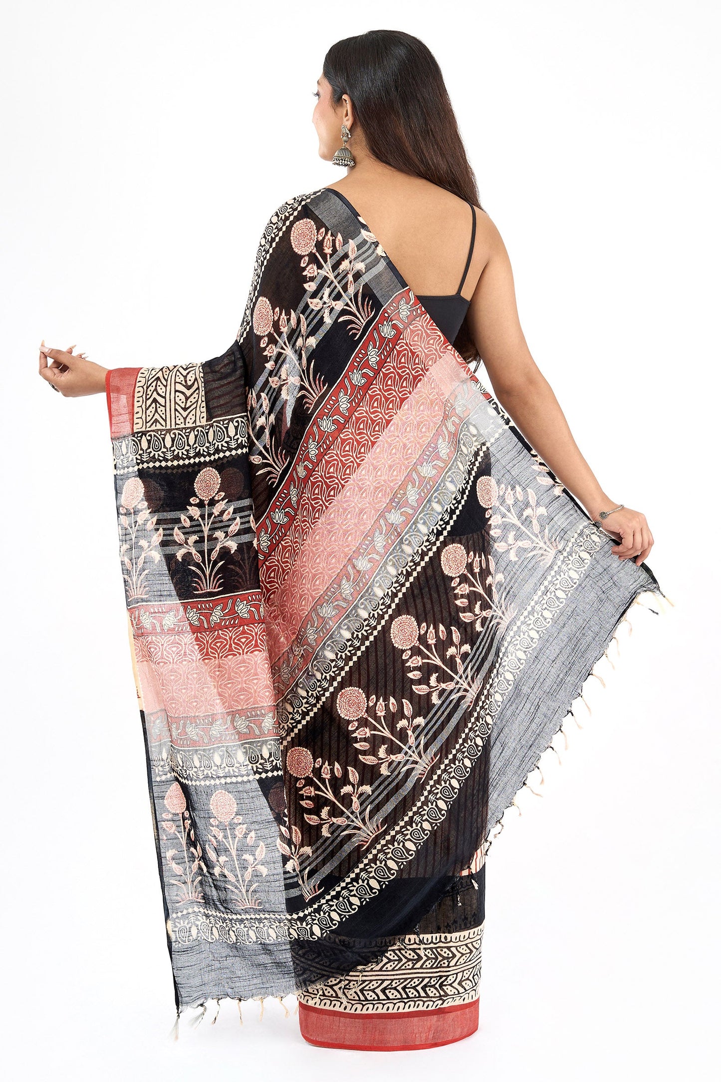 Teejh Maahira Red & Black Hand Blockprint Saree