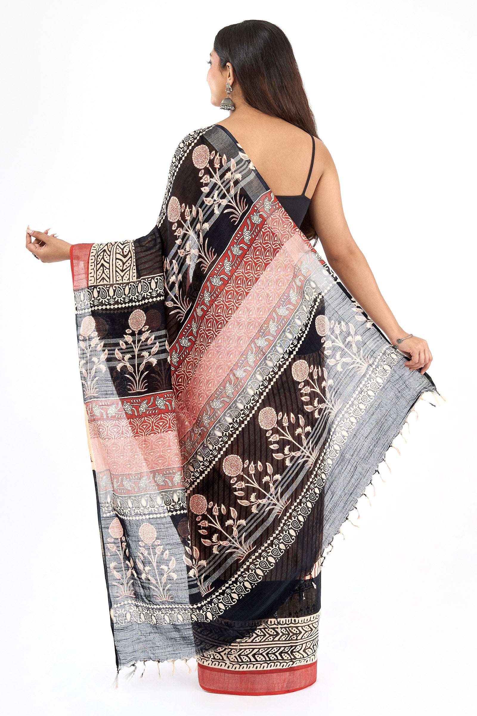 Teejh Maahira Red & Black Hand Blockprint Saree