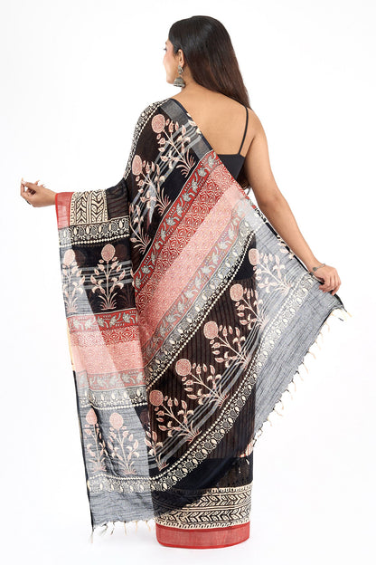Teejh Maahira Red & Black Hand Blockprint Saree